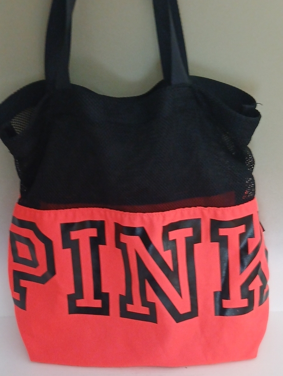 PINK Victoria's Secret Handbags - PINK Victoria's Secret Black Mesh and Coral Tote nwot